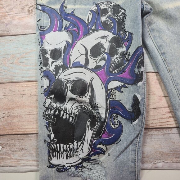 Mens GFTD Los Angeles Distressed Blue Purple Gradient Skull Graphics No Faith Je - Picture 5 of 10